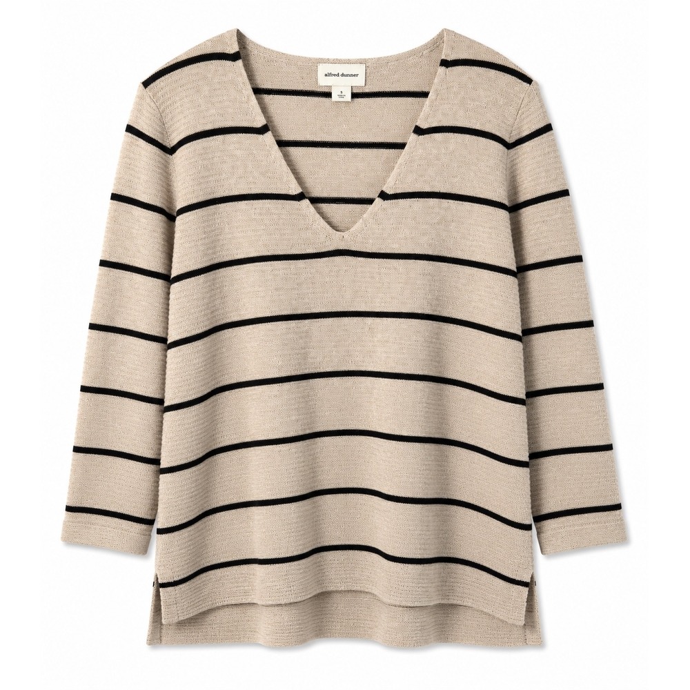 Old Navy Beige Black Striped V-Neck Lightweight Sweater Women's L Cotton Blend